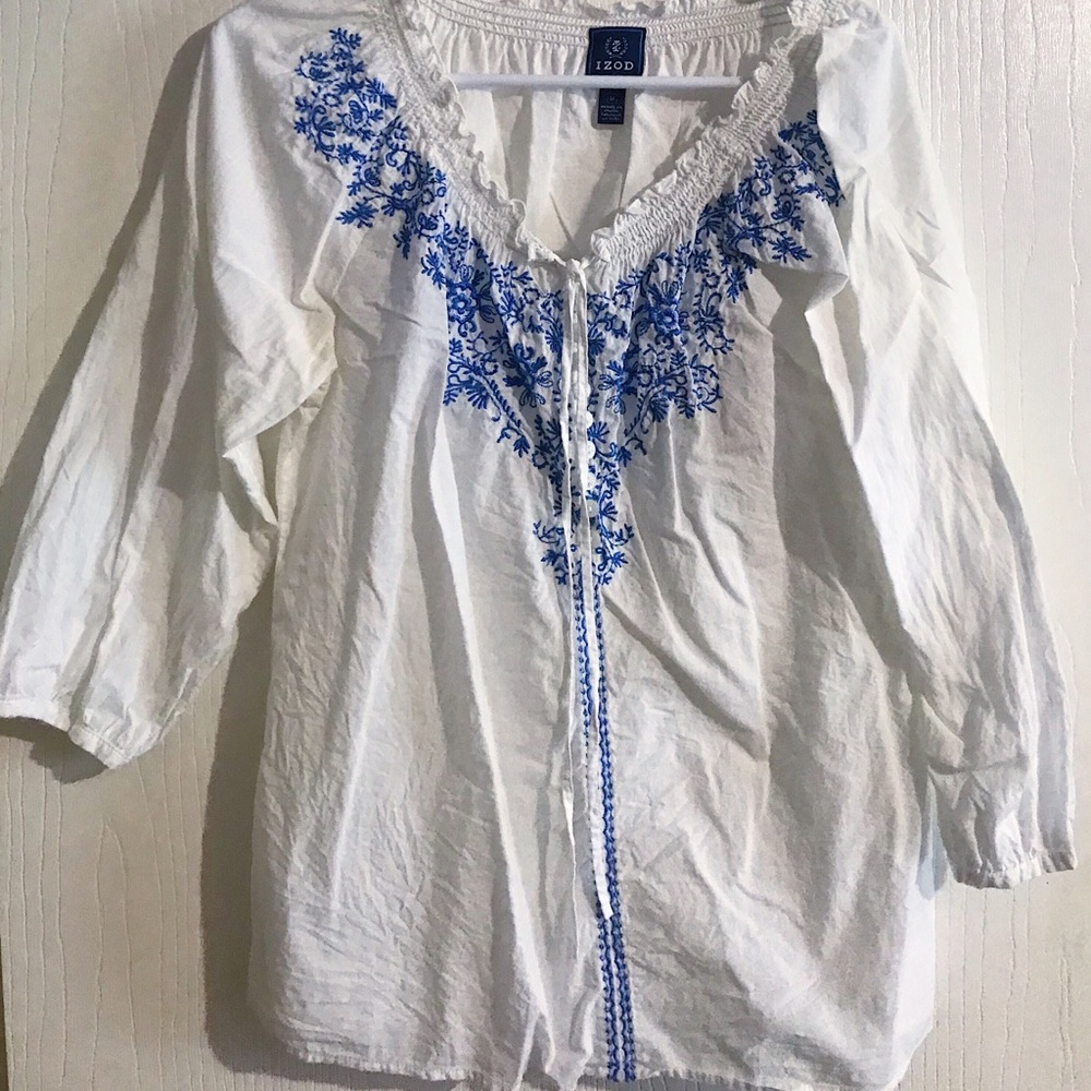 White Long Sleeve with Blue Embroidery